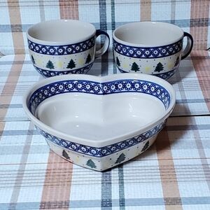 Vintage Ceramic Heart-Shaped Bowl and Mug Set by Boleslawiec